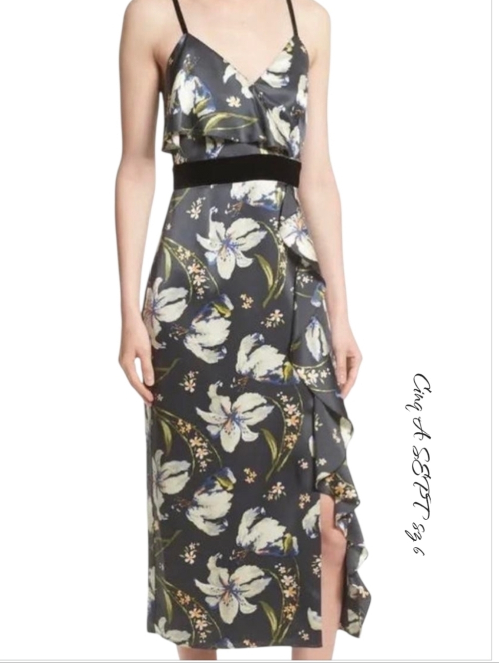 Cinq a Sept Leena Silk Floral Midi Dress Velvet 6 Black NWT